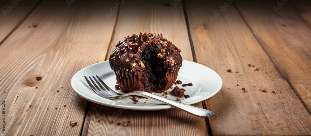 Poster a broken chocolate muffin with hazelnuts sits on a white wood table alongside a fork the scene is pe