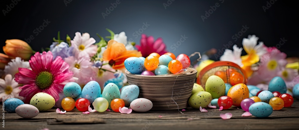 Poster An Easter themed arrangement adorned with colorful eggs and candies perfect for capturing a charming copy space image
