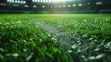 Green grass macro in sports arena. with lights background. Close up of. soccer field lines....