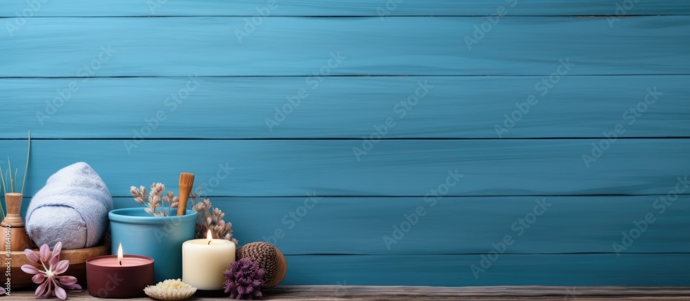 Poster blue wooden background with a spa set creating a beauty concept image. creative banner. copyspace im