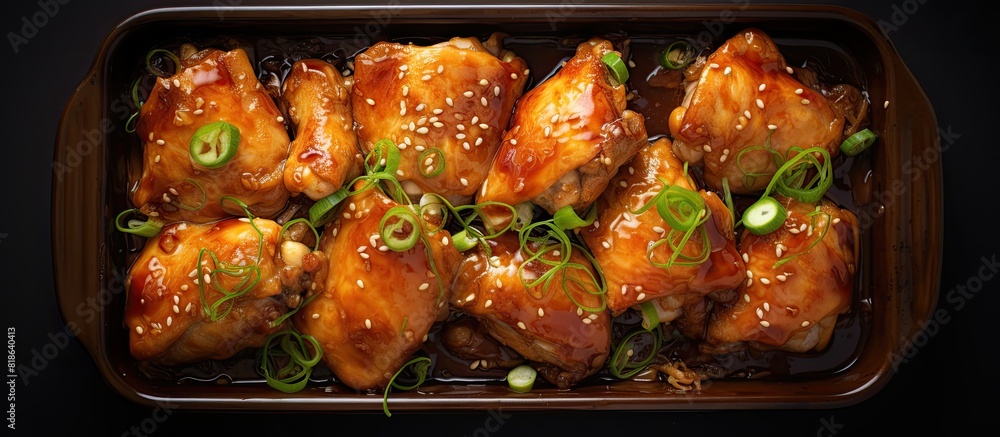 Poster a top view of sticky asian chicken legs arranged in a baking dish with ample copy space for visual e