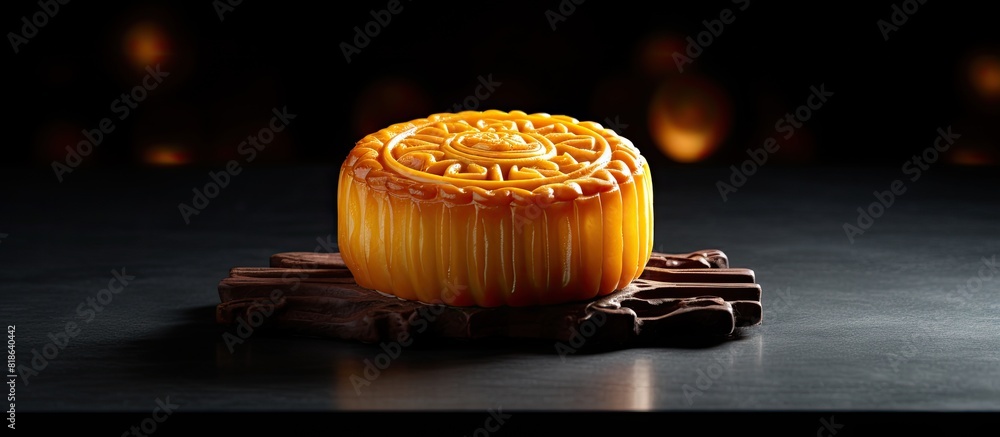 Poster Copy space image of Moon cake yolk pastry displayed on a dark gray table background to symbolize the Mid Autumn Festival holiday