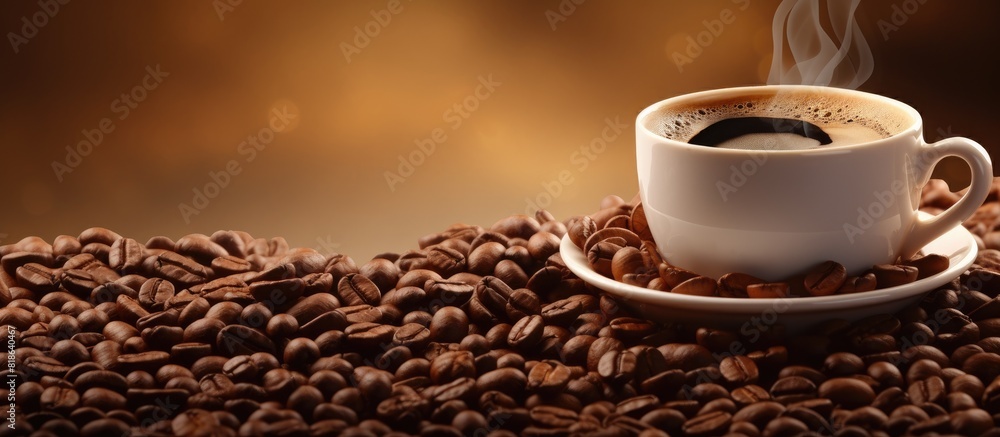 Poster coffee cup with a copy space image of coffee beans as the background