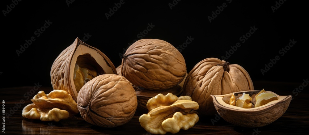 Poster a copy space image of walnuts against a black backdrop