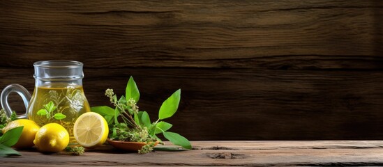 A copy space image of a cool and revitalizing green tea infused with lemon placed on a rustic wooden background