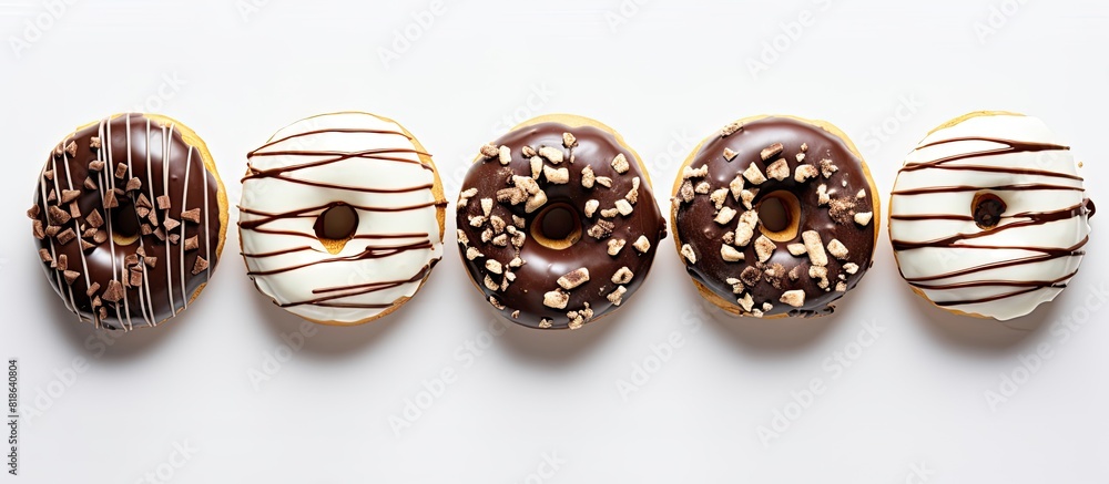 Poster copy space image of delicious donuts drizzled with icing and chocolate presented on a white wooden b