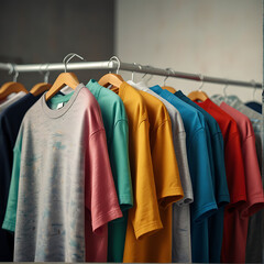 New plain t-shirt collection in modern fashion boutique. T-shirts of different colors on hangers for sale 