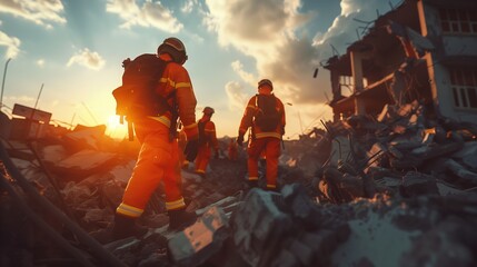 Emergency responders collaborating on a rescue operation in a collapsed building, working tirelessly to save trapped survivors.