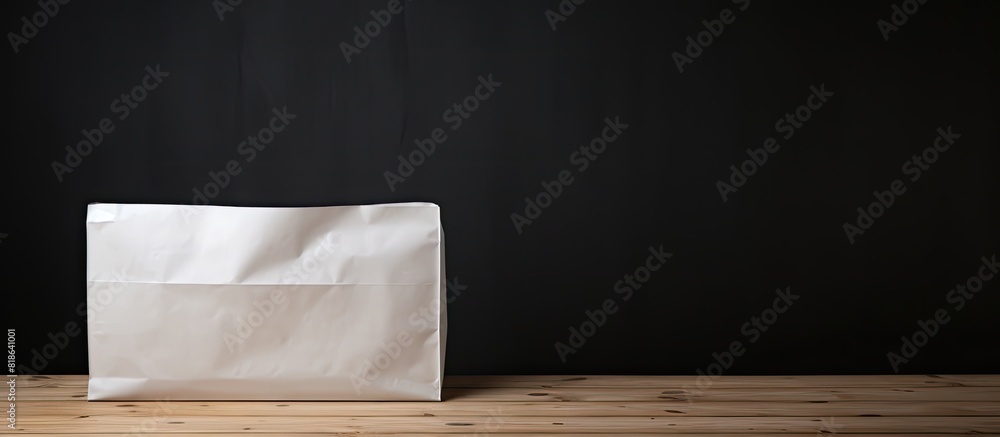 Poster a white wooden table with a black paper bag on top providing space for text to be added. creative ba