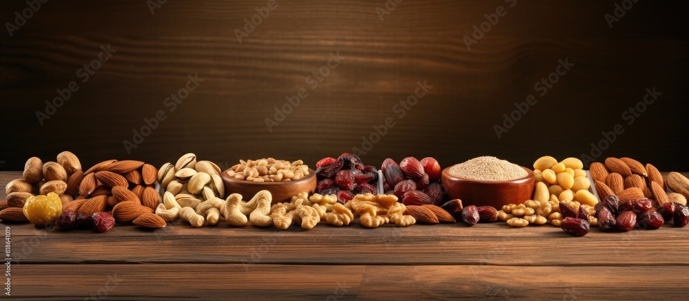 Poster A display of assorted nuts and dried fruits arranged on a rustic wooden table with empty space for photography. Creative banner. Copyspace image