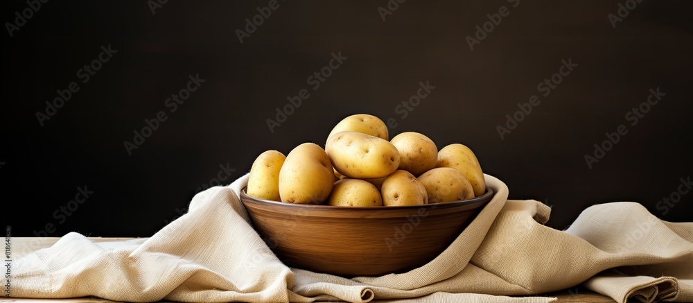 Poster the table is adorned with a bowl containing fresh pristine potatoes a kitchen towel complements the 