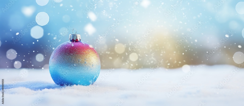 Aufkleber close up of a colorful christmas decoration on snow with ample copy space image