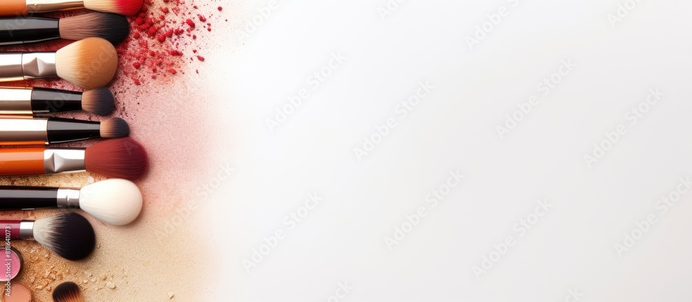 Poster Top view copy space image of makeup cosmetics displayed on a white table background creating a shopping concept