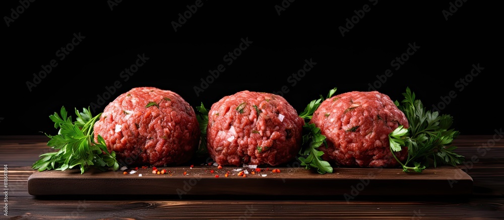 Poster copy space image of fresh raw beef meatballs placed on a black wooden table background invitingly pr