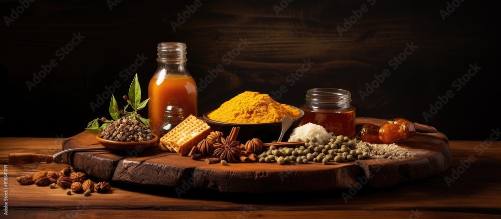 Poster Copy space image of a platter featuring a delectable combination of honey spices and a rustic wooden backdrop