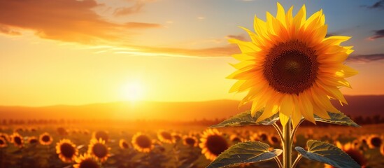 A sunflower at sunrise with ample empty space for adding text or other elements in the frame of the image