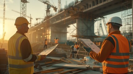 Engineers collaborating on a construction site, coordinating the assembly of a massive bridge.