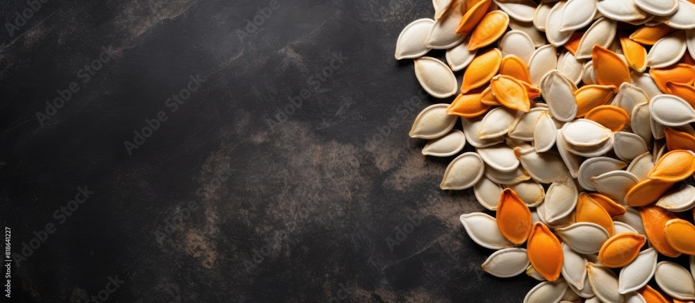 Poster a top view image of pumpkin seeds on a gray concrete background with copy space