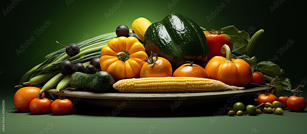 Poster a bountiful collection of fresh produce from the summer and autumn harvest displayed on a green plat
