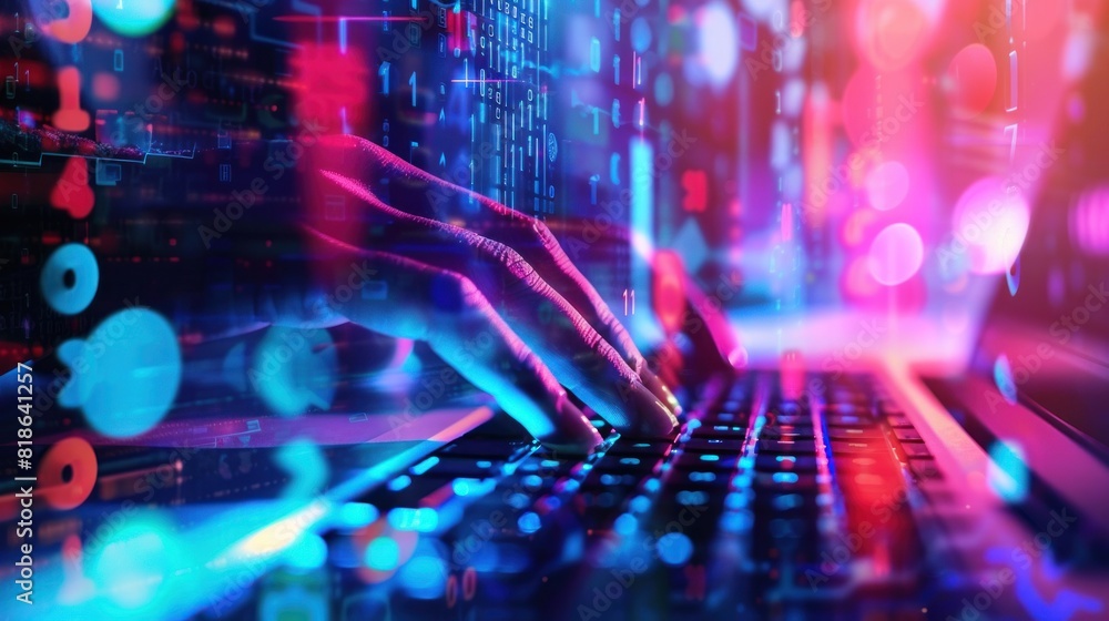Poster hands typing on computer keyboard, with abstract code, online cyber attack, hack, threats and breach