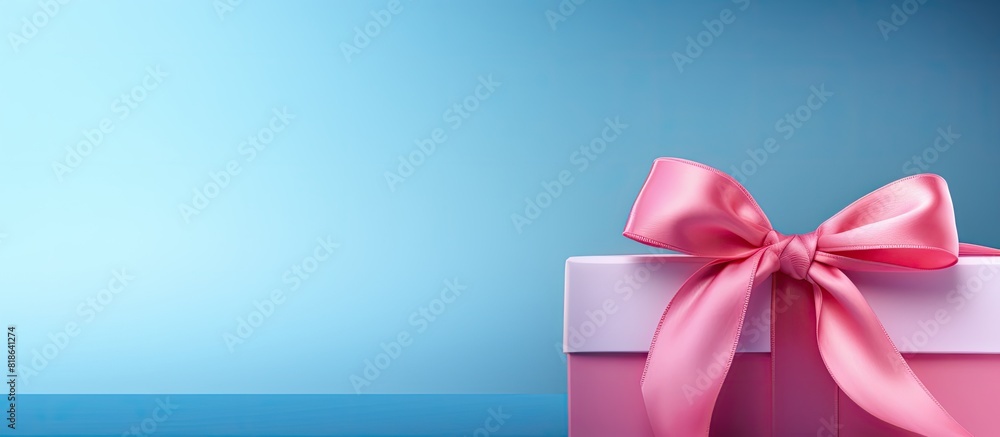 Aufkleber a gift box with a pink satin ribbon is placed on a blue background creating a visually pleasing imag