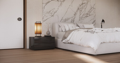 Bedroom minimal Modern wall and wooden tiles floor.