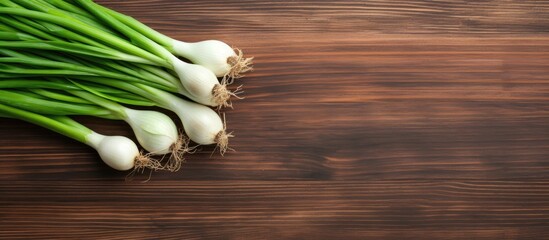 Top view of a beautifully composed image featuring a fresh green onion on a table providing ample space for copy