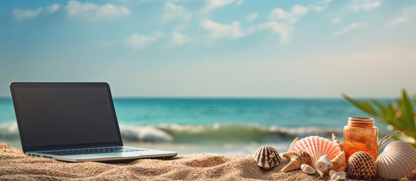 A laptop surrounded by beach accessories and seashells represents the vacation travel and summer concept in this copy space image