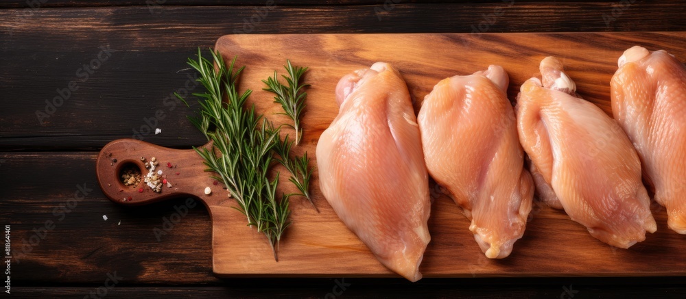 Poster A top down view of raw chicken legs or drumsticks on a cutting board with sufficient space for text or graphics. Creative banner. Copyspace image