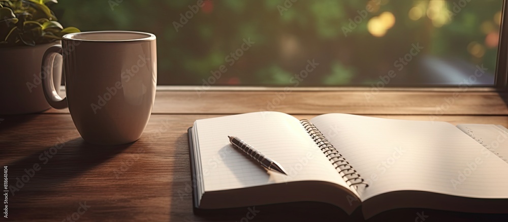Poster a white desk with a notebook and a cup of coffee creating a tranquil scene with ample copy space ima