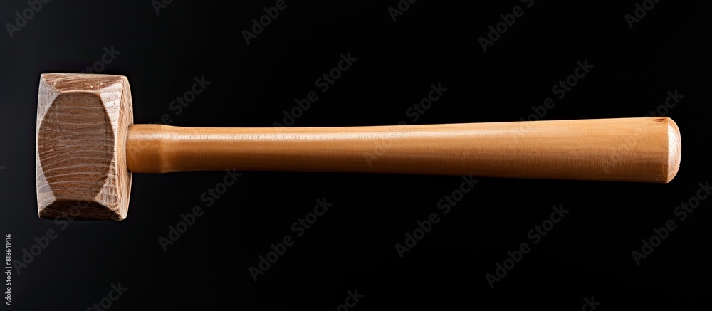 Poster a white background showcases a copy space image of a wooden hammer adorned with nails