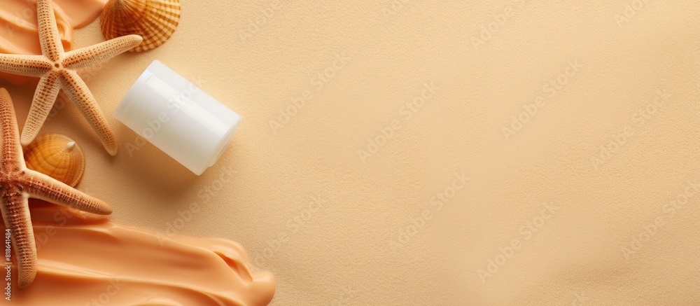 Poster flat lay image showing sun protection care with sunscreens and starfish on a coral background with a