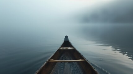 Gliding silently through a mist-covered lake in a traditional wooden canoe.