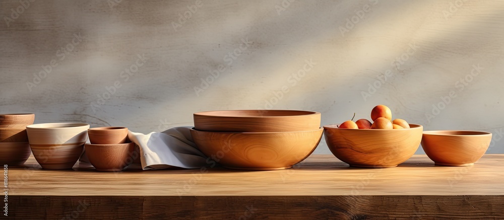 Poster in the kitchen there is a table with a stack of wooden bowls placed on top providing a picturesque c