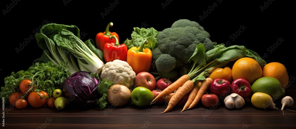 Poster A close up copy space image of vegetables arranged on a dark background