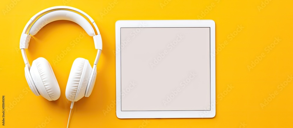 Poster On a yellow background there is a flat top view of a tablet with white headphones and microphone allowing for copy space in the layout