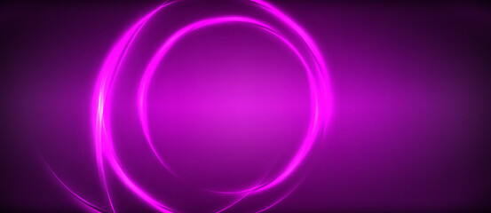 Neon glowing circle rays, light round lines in the dark, planet style neon wave lines. Energetic electric concept design for wallpaper, banner, background