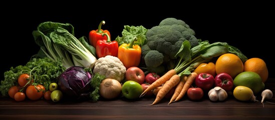 A close up copy space image of vegetables arranged on a dark background