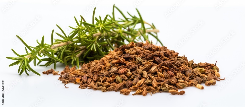 Aufkleber A white background frames a solitary image of fresh thyme spice Ample space is provided for additional text