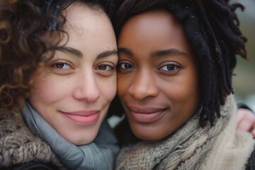 Portrait of a couple of two young lesbian women, one Caucasian and the other Afro, embracing, transmitting complicity and love. LGBTI concept and racial diversity