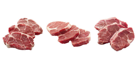 Set of raw steak on transparent background. Food photography.