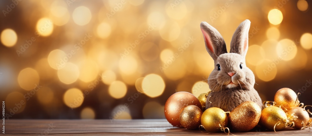 Fototapete easter bunny smiling with chocolate easter eggs in a wooden box against a silver bokeh background cr