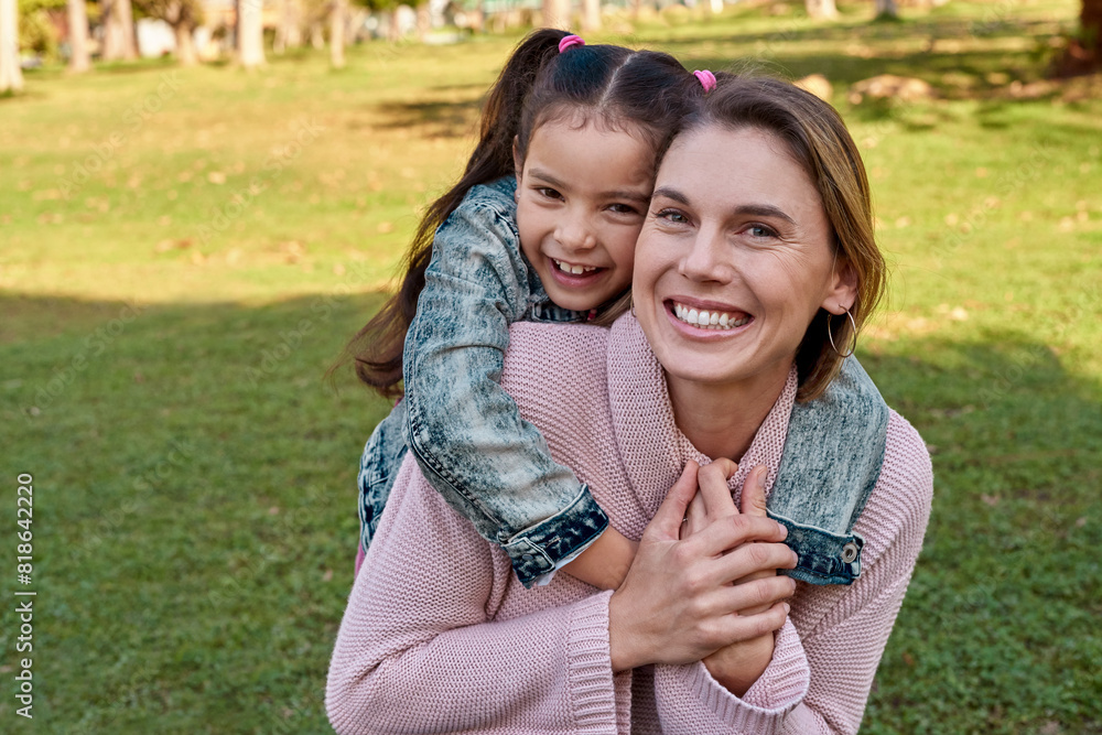 Canvas Prints Portrait, happy mom and piggyback kid at park together for love, care and bonding on summer holiday vacation. Face, mother and hug girl outdoor for connection, support and healthy family relationship