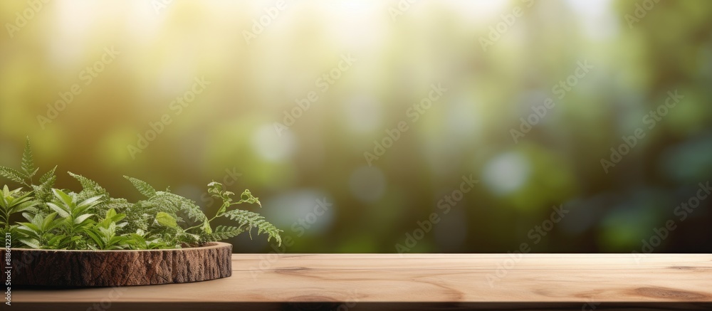 Poster a copy space image featuring a tabletop with a beautifully blurred background showcasing nature s el