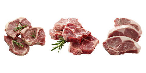 Set of raw steak on transparent background. Food photography.