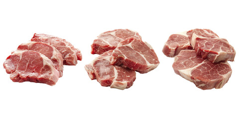 Set of raw steak on transparent background. Food photography.