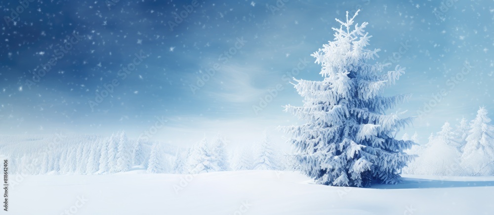 Poster close up copy space image of a snow covered fir tree on a winter day providing room for additional t