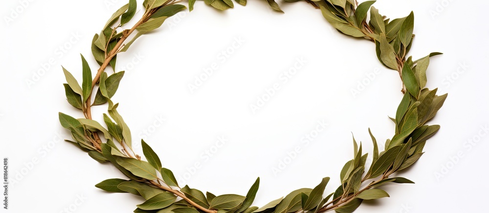 Poster dried laurel leaf seasoning showcased in a copy space image an isolated wreath made of laurel leaves