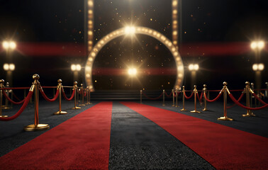 Red carpet rolling out in front of glamorous movie premiere background. VIP treatment, show and fashion concept. Unrecognizable man Rolling out the red carpet