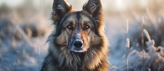 A stunning dog standing in a snowy meadow gazes directly at the camera in this captivating portrait. Creative banner. Copyspace image